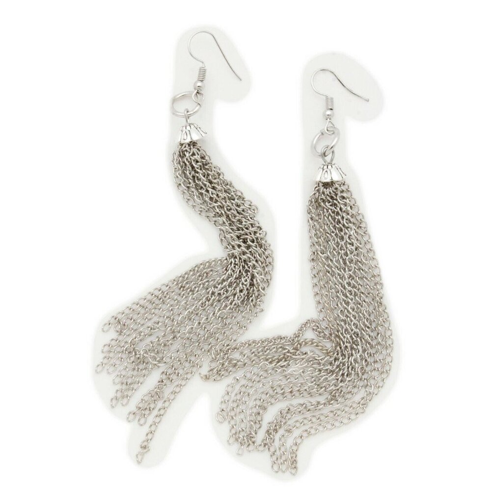 New Silver Metal Chain Long Fringes Earrings Set Casual Look Party Fashion